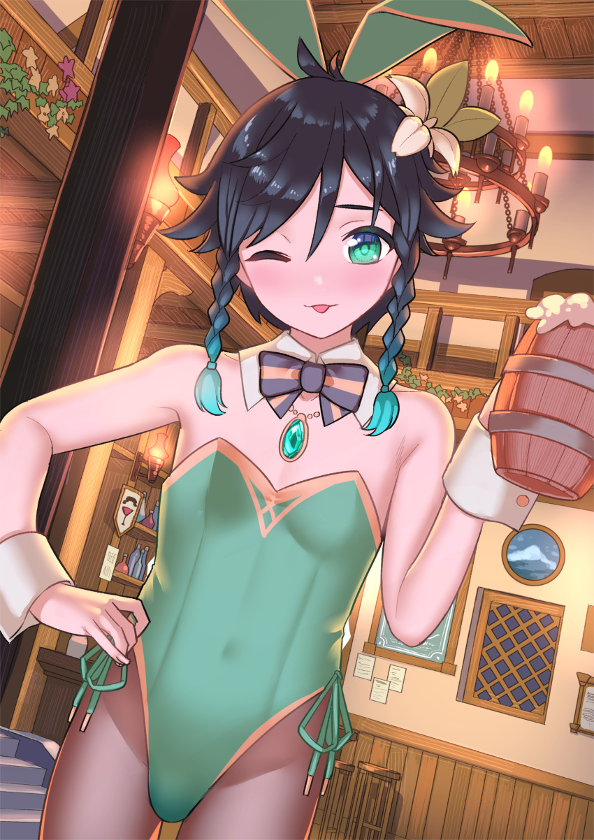 1boy, absurdres, animal_ears, bare_shoulders, barrel, black_hair, black_neckwear, bow