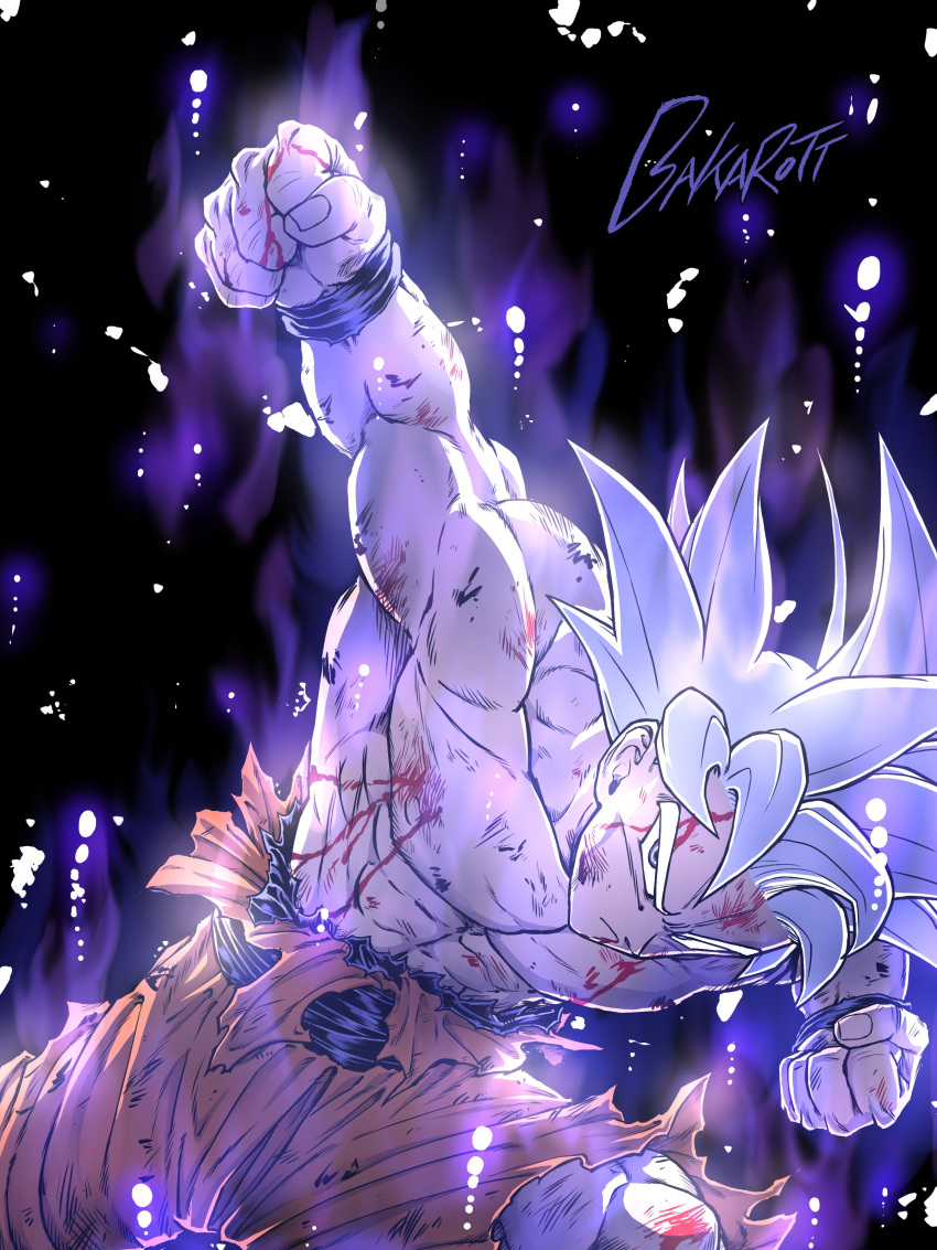 1boy, abs, absurdres, arm_at_side, artist_name, aura, bakarott, blood, blood_from_mouth, blood_on_face, bloody_hands, clenched_hand, closed_mouth, dark_background, darkness, dirty, dirty_clothes, dirty_face, dragon_ball, dragon_ball_super, dragon_ball_z, feet_out_of_frame, fighting_stance, fingernails, glowing, grey_eyes, highres, legs_apart, light_particles, looking_at_viewer, male_focus, muscular, muscular_male, orange_pants, outstretched_hand, pants, purple_theme, serious, shirtless, silver_hair, simple_background, son_goku, spiky_hair, torn_clothes, torn_pants, ultra_instinct, wristband