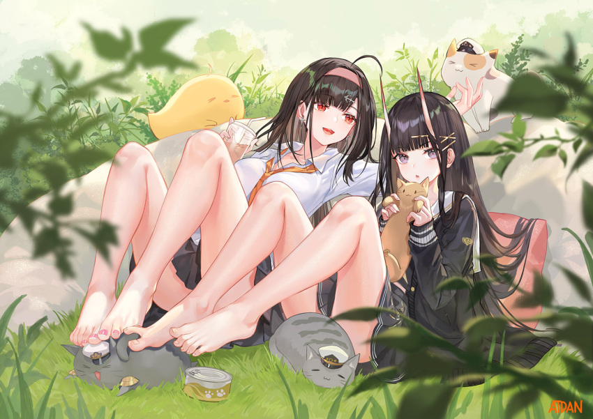 2girls, ahoge, ass, atdan, azur_lane, bare_legs, barefoot, bird