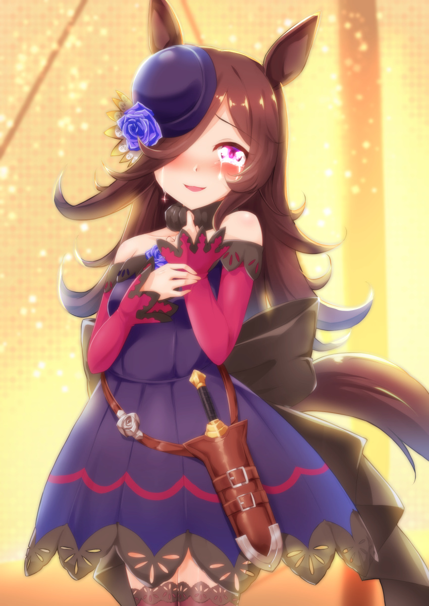 1girl, animal_ears, blue_dress, blue_flower, blue_headwear, blue_rose, blurry, blurry_background