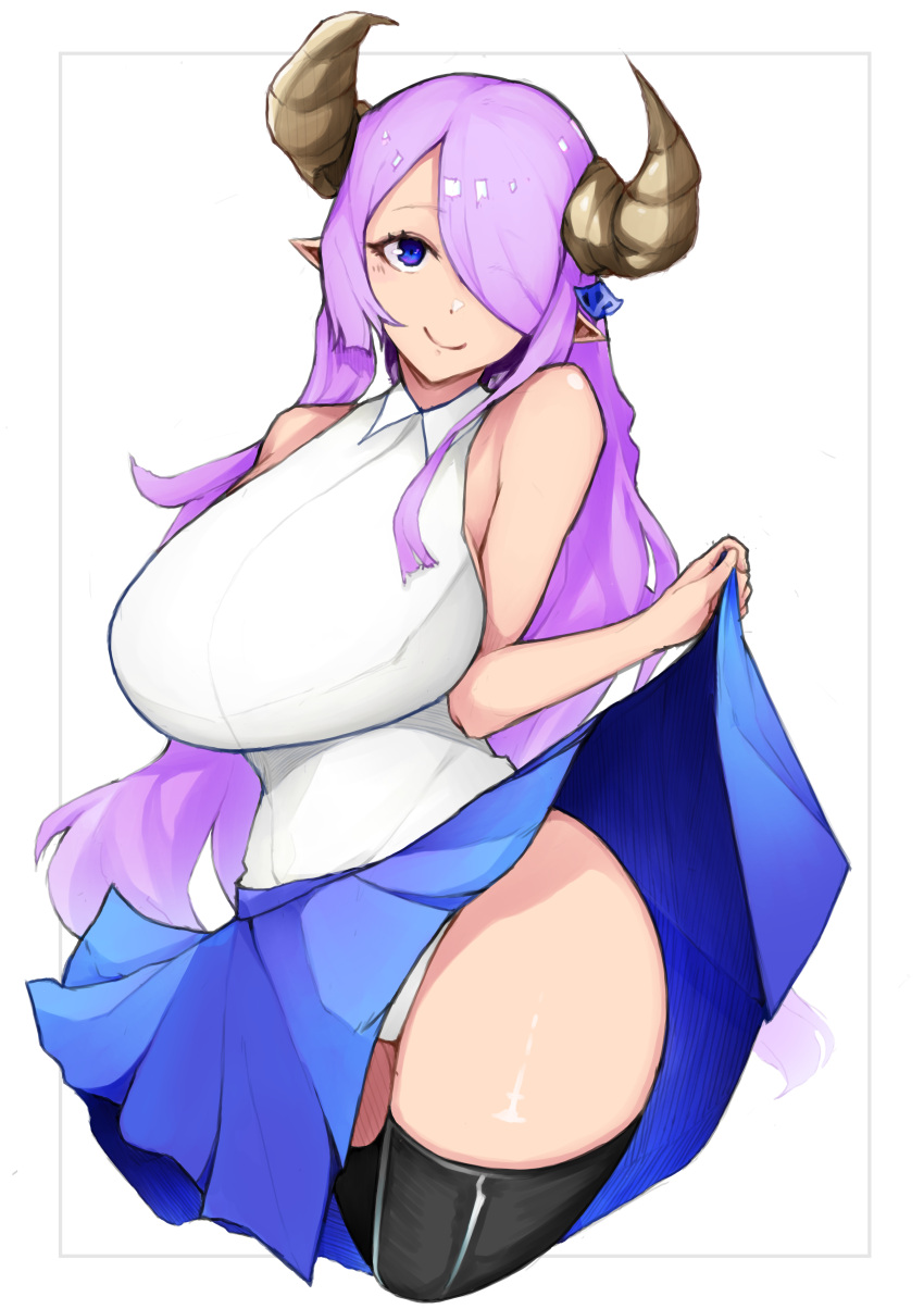 1girl, absurdres, bangs, bare_shoulders, blue_eyes, blue_skirt, breasts, draph, granblue_fantasy, hair_between_eyes, hair_ornament, hair_over_one_eye, hairclip, highres, horns, huge_breasts, leotard, long_hair, narmaya_(granblue_fantasy), plump, pointy_ears, pulled_by_self, purple_hair, sagging_breasts, seino_(sasakike1305), simple_background, skirt, smile, solo, thick_thighs, thigh-highs, thighs, thin_waist, white_background, white_leotard