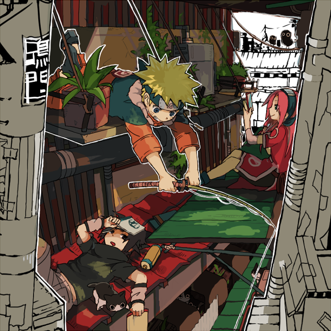 bird, black_eyes, black_hair, blonde_hair, blue_eyes, book, cat, fishing_rod, green_eyes, haruno_sakura, headband, lying, mirror, miyano_a, naruto, open_toe_shoes, owl, peek, pink_hair, plant, sandals, scroll, smile, spiked_hair, team7, uchiha_sasuke, uzumaki_naruto