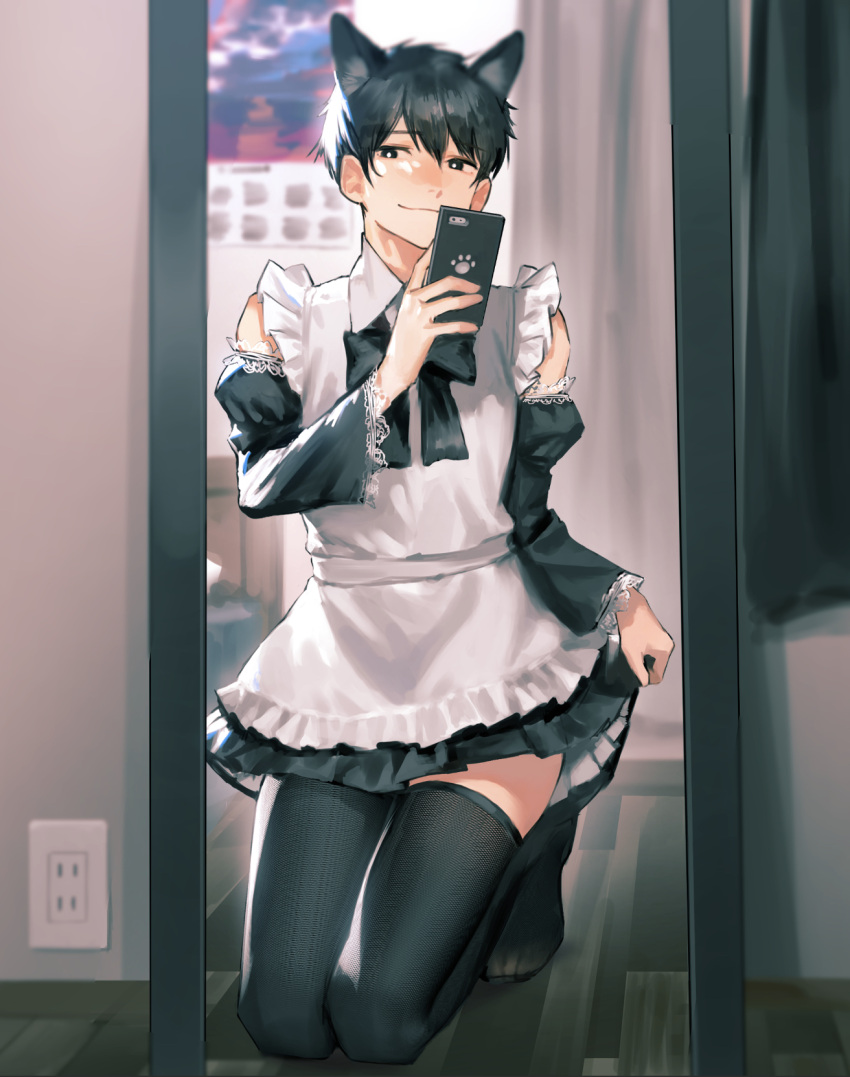 1boy, animal_ears, apron, black_bow, black_dress, black_hair, black_legwear, black_neckwear