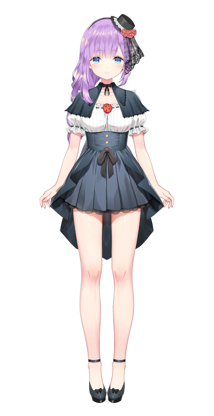 1girl, absurdres, blue_eyes, dress, flower, hairband, hat, highres, kagura_gumi, lace, medium_hair, purple_hair, virtual_youtuber, yaotome_noe, yasuyuki