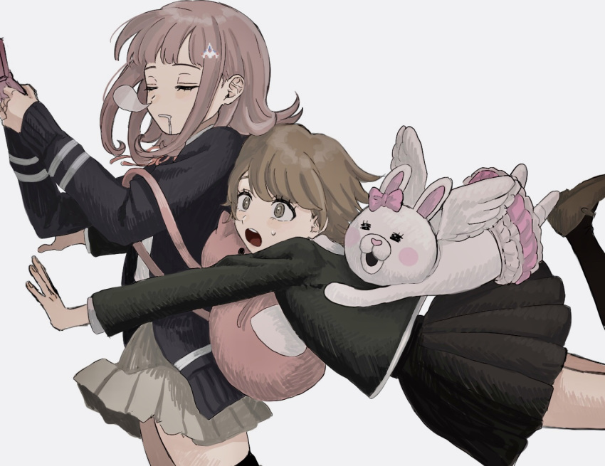 1boy, 1girl, animal_bag, backpack, bag, bangs, black_jacket, black_legwear