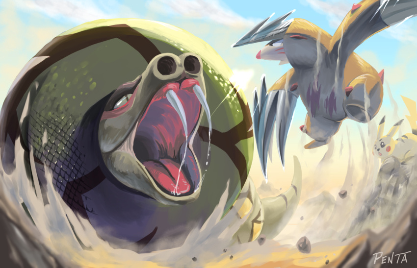 battle, claws, clouds, commentary_request, day, dust, excadrill, eye_contact
