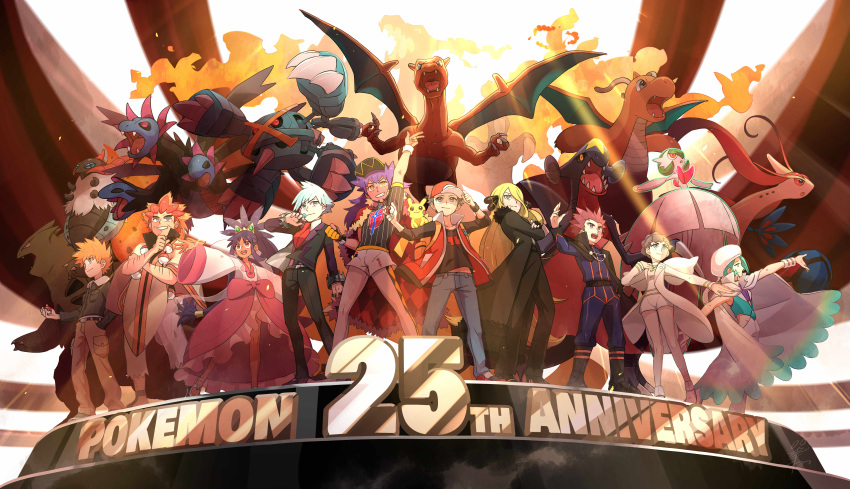 3girls, 6+boys, absurdres, alder_(pokemon), anniversary, arm_hair, backpack, bag