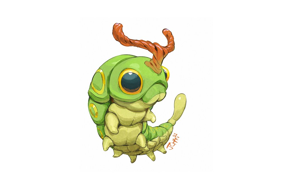 black_eyes, caterpie, closed_mouth, colored_sclera, english_commentary, full_body, gen_1_pokemon, justinchans, no_humans, pokemon, pokemon_(creature), signature, simple_background, solo, white_background, yellow_sclera