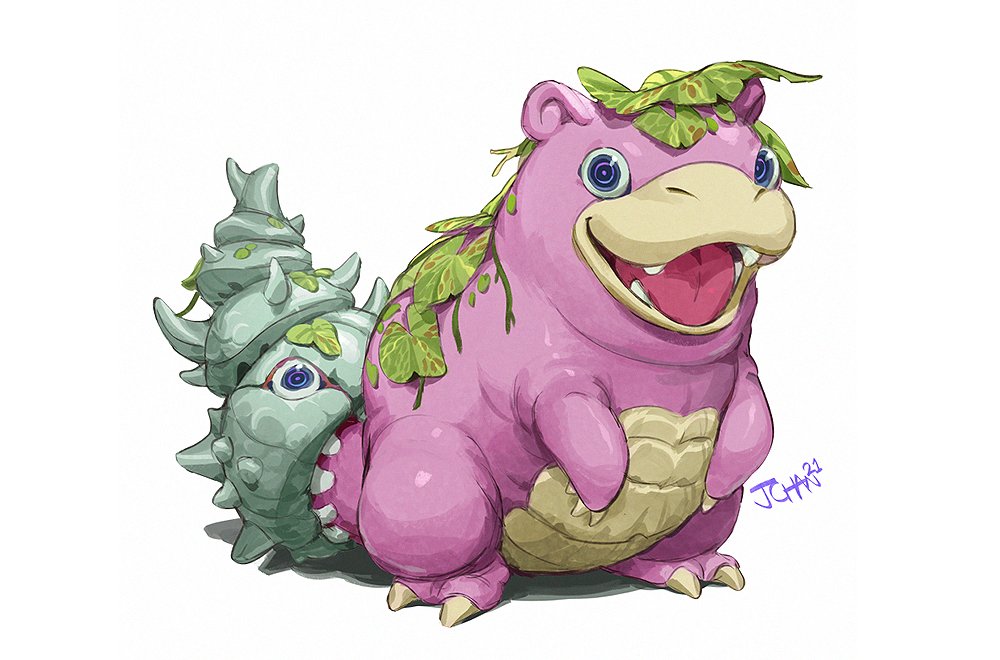blue_eyes, closed_mouth, english_commentary, fangs, full_body, gen_1_pokemon, justinchans, leaf, looking_at_viewer, no_humans, open_mouth, pokemon, pokemon_(creature), signature, simple_background, slowbro, standing, teeth, white_background