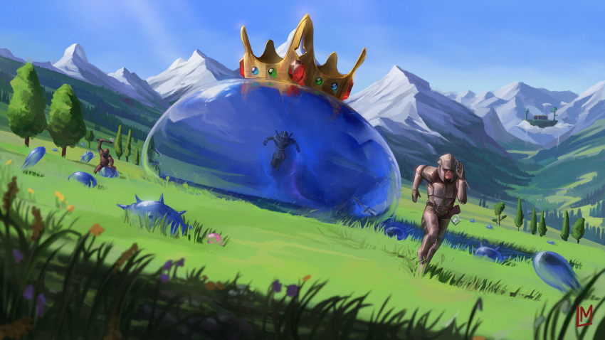 3boys, arm_up, armor, armored_boots, artist_name, axe, belt, black_gloves, blue_sky, blurry, blurry_foreground, bohrokki, boots, breastplate, closed_mouth, commentary, covered_eyes, crown, crystal, day, dutch_angle, emerald_(gemstone), english_commentary, faceless, faceless_male, fleeing, floating_island, flower, full_armor, full_body, gem, gloves, grass, greaves, grey_footwear, grey_headwear, hand_up, helmet, highres, holding, holding_axe, jumping, king_slime_(terraria), leg_up, motion_blur, mountain, multiple_boys, one_knee, outdoors, oversized_object, pouch, purple_flower, ruby_(gemstone), running, sapphire_(gemstone), shiny, signature, sky, slime_(creature), spikes, terraria, transparent, tree, yellow_flower, yellow_headwear