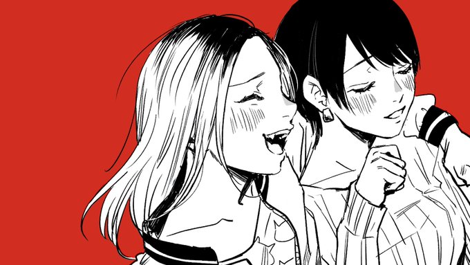 2girls, arm_on_shoulder, closed_eyes, earrings, fang, inuzuka_miwa, jewelry, laughing