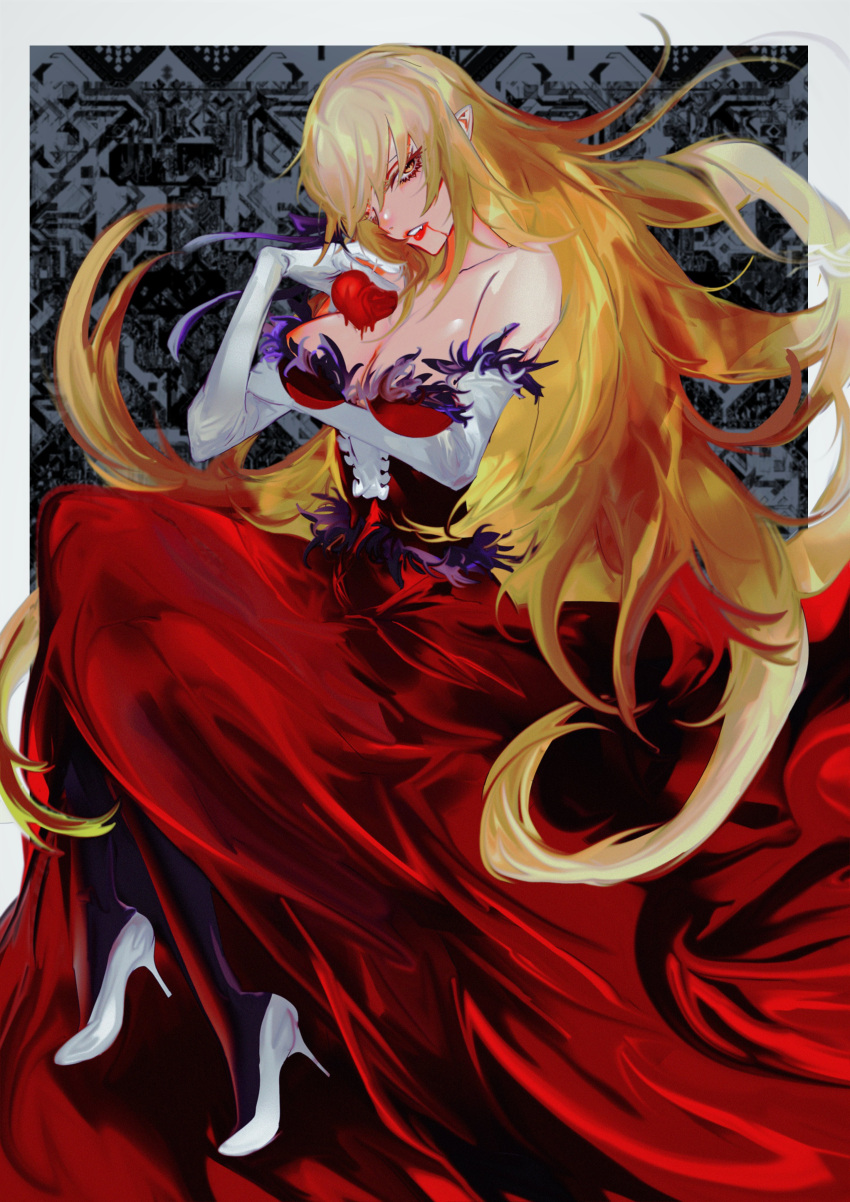 1girl, absurdres, blonde_hair, boots, breast_hold, breasts, dress, gloves, highres, kiss-shot_acerola-orion_heart-under-blade, kizumonogatari, long_dress, long_hair, monogatari_(series), pantyhose, pointy_ears, red_dress, solo, strapless, strapless_dress, tbrsnsk, very_long_hair, white_gloves, yellow_eyes
