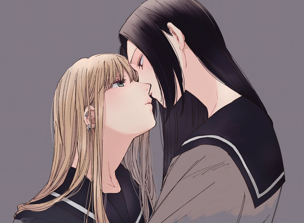 2girls, arita_sakiko, black_hair, blonde_hair, earrings, eye_contact, hello_melancholic!, imminent_kiss, inagaki_chika, jewelry, long_hair, looking_at_another, multiple_girls, oosawa_yayoi, school_uniform, simple_background, upper_body, yuri