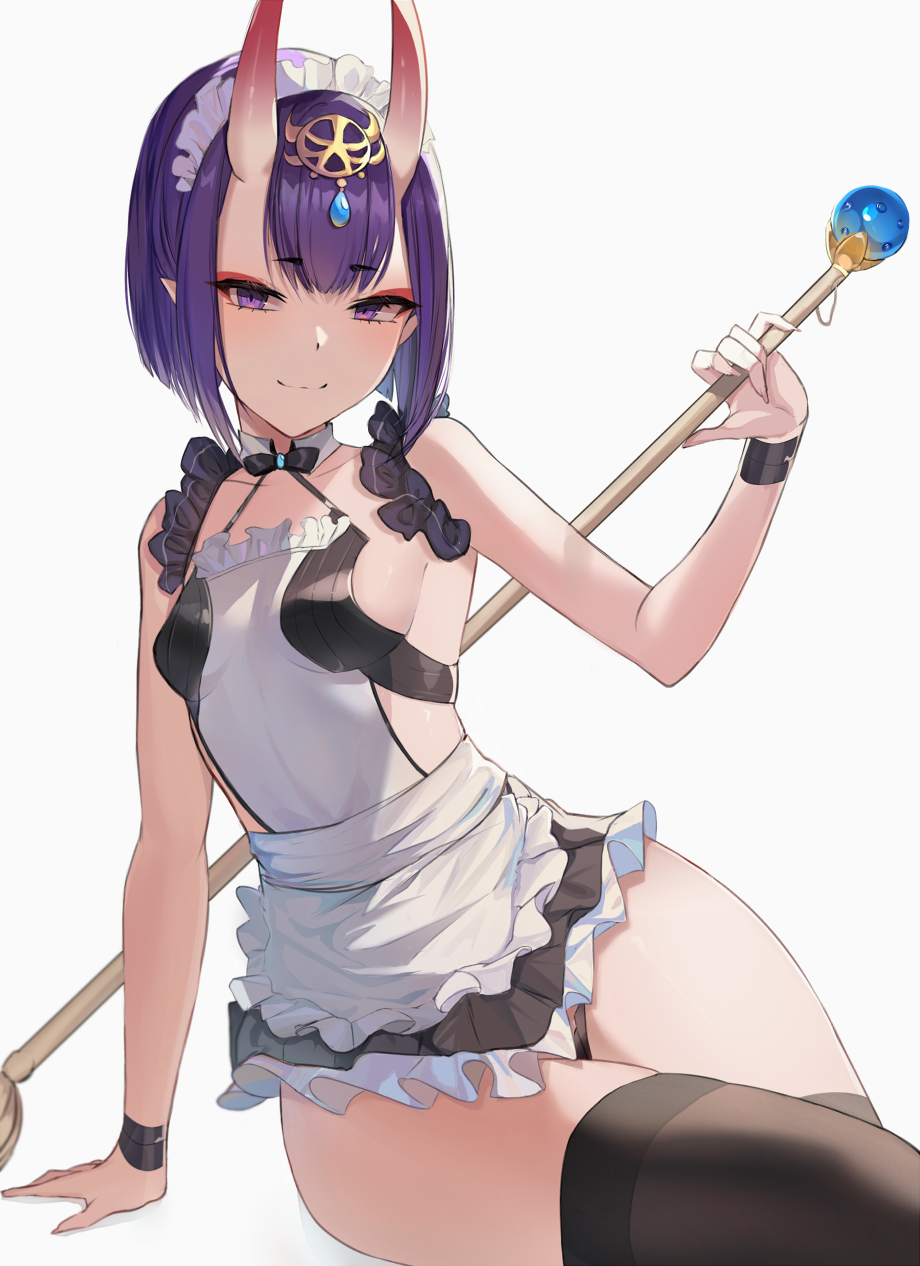1girl, adapted_costume, alternate_costume, apron, bob_cut, breasts, enmaided, eyeliner