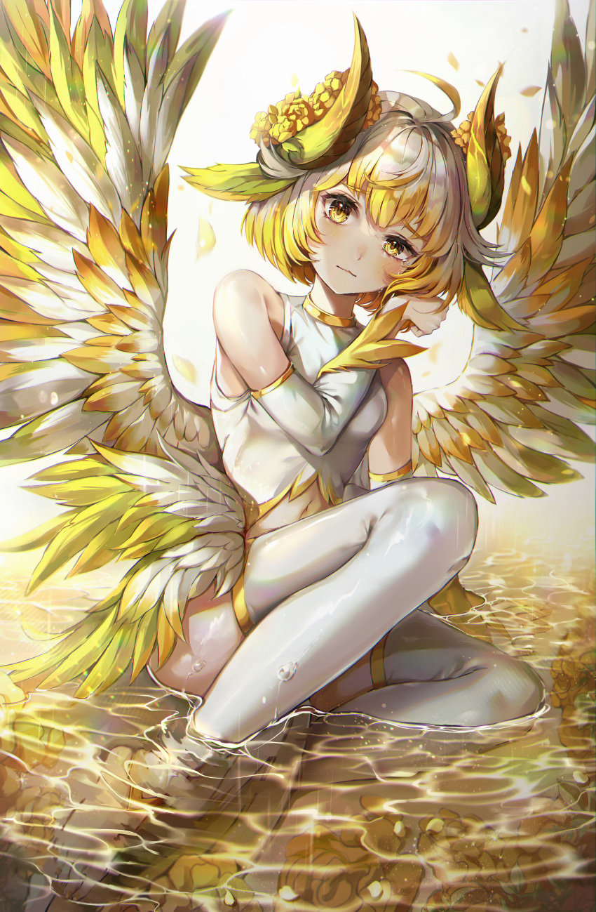 1girl, absurdres, ahoge, animal_ears, bangs, barefoot, blonde_hair, blush