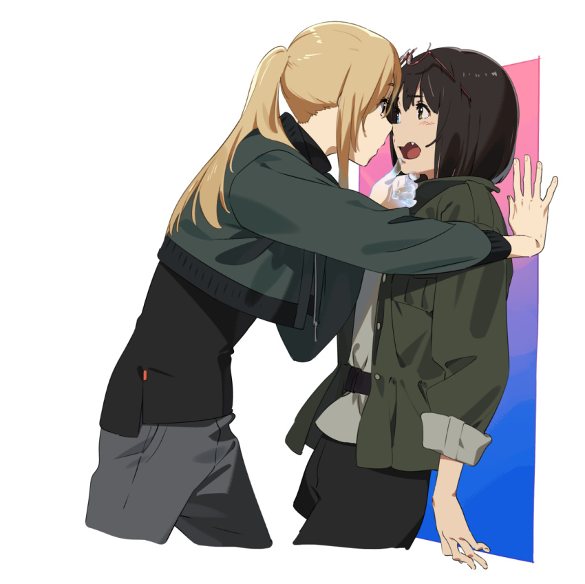 2girls, alternate_hairstyle, black_hair, blonde_hair, blush, eye_contact, eyewear_on_head, fang