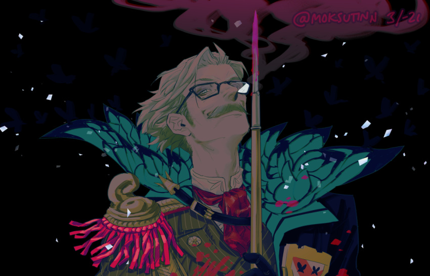 1boy, black-framed_eyewear, black_background, black_gloves, blood, bloody_weapon, bug, butterfly