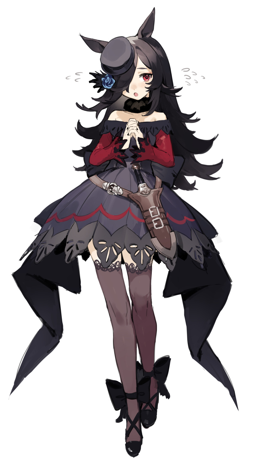 1girl, :o, absurdres, animal_ears, bare_shoulders, black_dress, black_footwear, black_hair