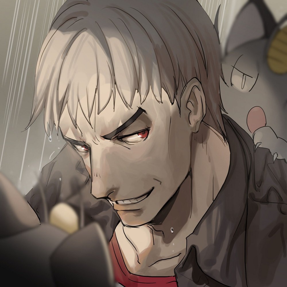 1boy, alolan_form, alolan_meowth, bangs, blurry, collarbone, commentary_request, eyeshadow