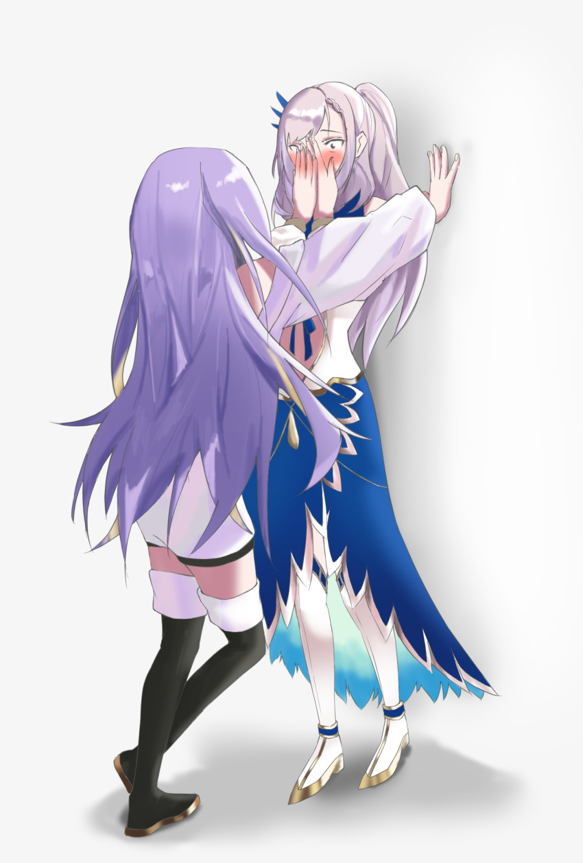 2girls, against_wall, arm_up, black_legwear, black_shorts, blue_skirt, blush, commentary