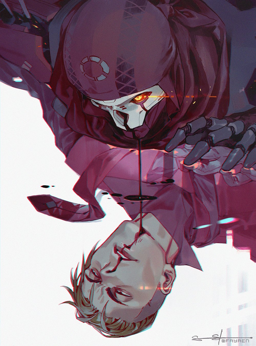 2boys, apex_legends, black_eyes, blonde_hair, blood, different_reflection, english_commentary, glowing