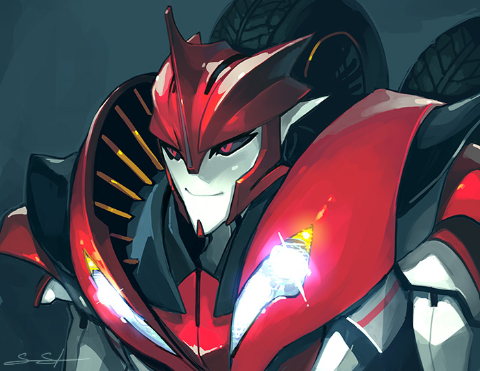 1boy, black_background, black_sclera, colored_sclera, decepticon, english_commentary, english_text, glowing