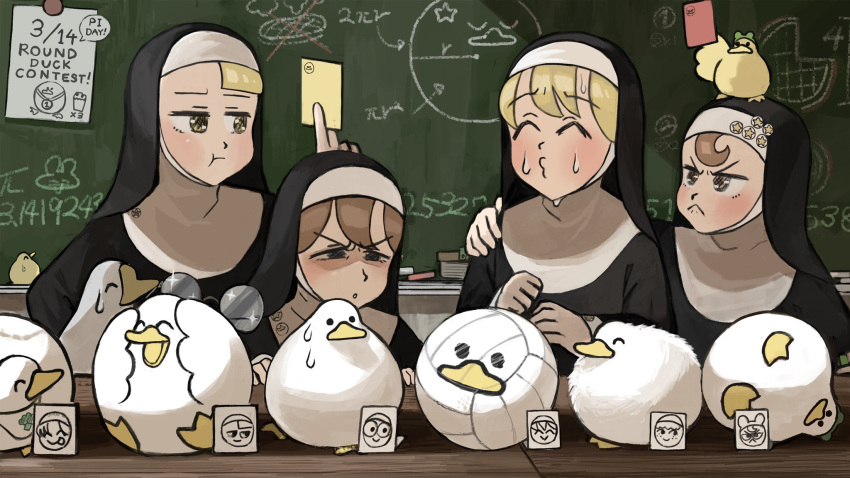 4girls, :<, :o, :t, ^_^, bib, bird, bite_mark