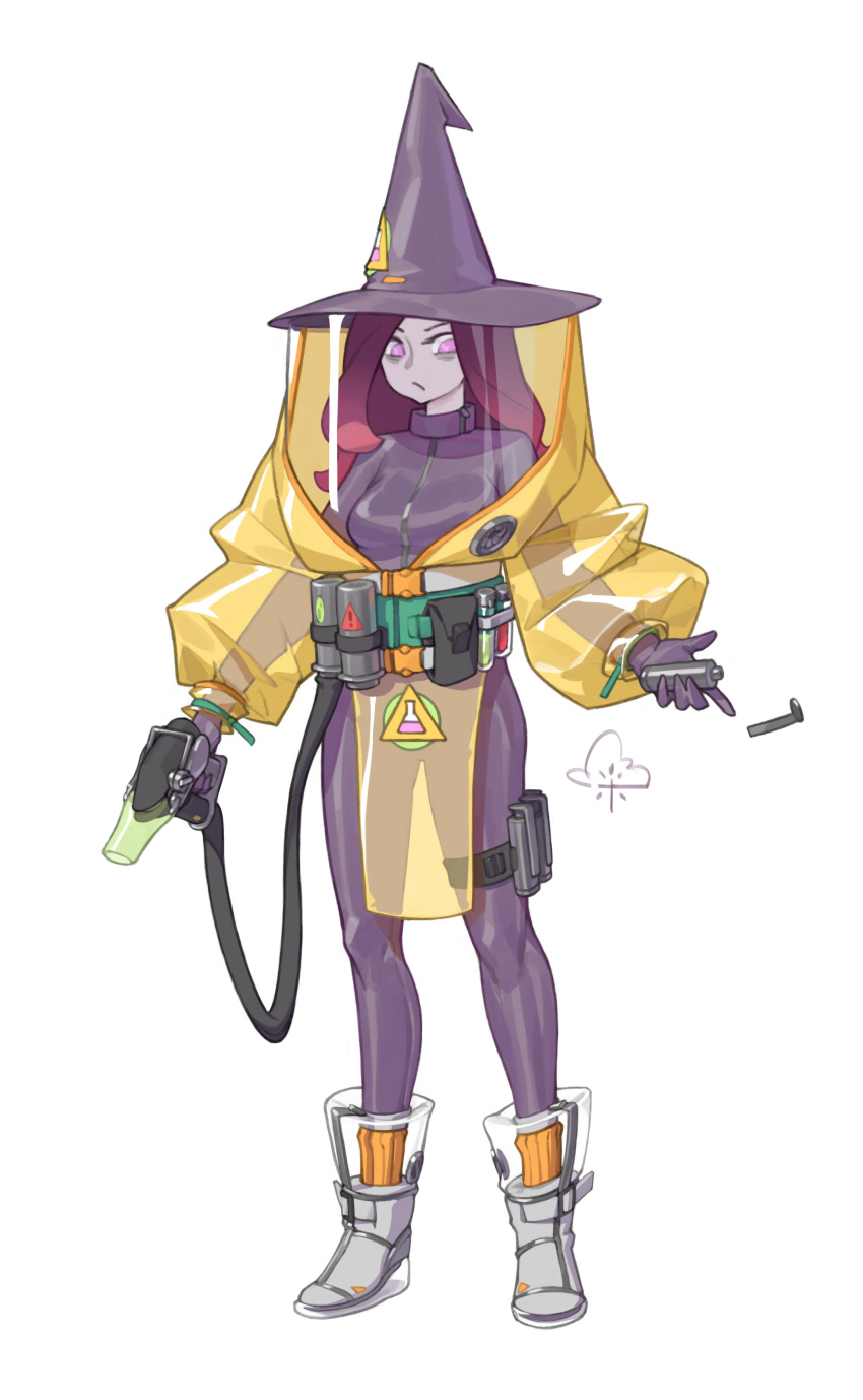 1girl, absurdres, black_bodysuit, bodysuit, boots, breasts, chen_zhang, chinese_commentary, colored_skin, grey_skin, gun, hat, hazmat_suit, high_heel_boots, high_heels, highres, holding, holding_grenade, holding_gun, holding_weapon, looking_down, medium_breasts, open_hand, original, pink_eyes, purple_hair, smoke_grenade, solo, thigh_strap, weapon, white_background, witch, witch_hat