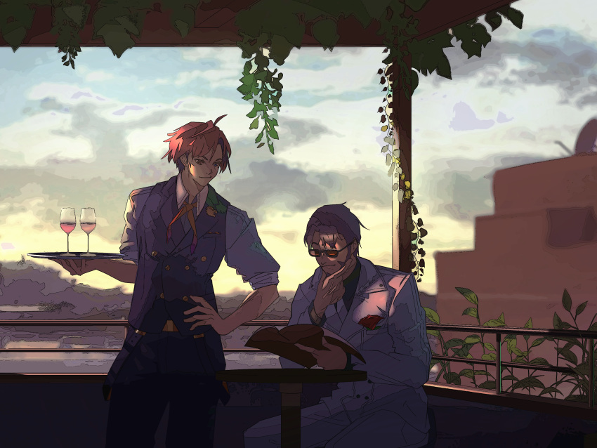 2boys, arurandeisu, collared_shirt, cup, drinking_glass, formal, glasses, grey_hair