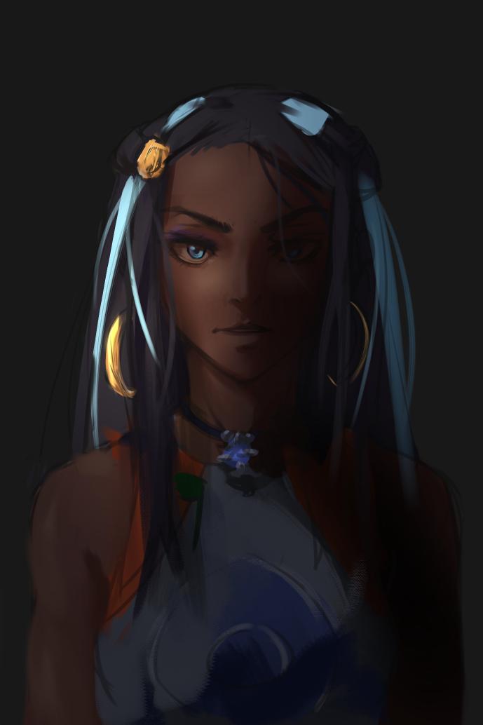 1girl, black_background, black_hair, blue_eyes, blue_hair, dark_skin, dark-skinned_female, earrings