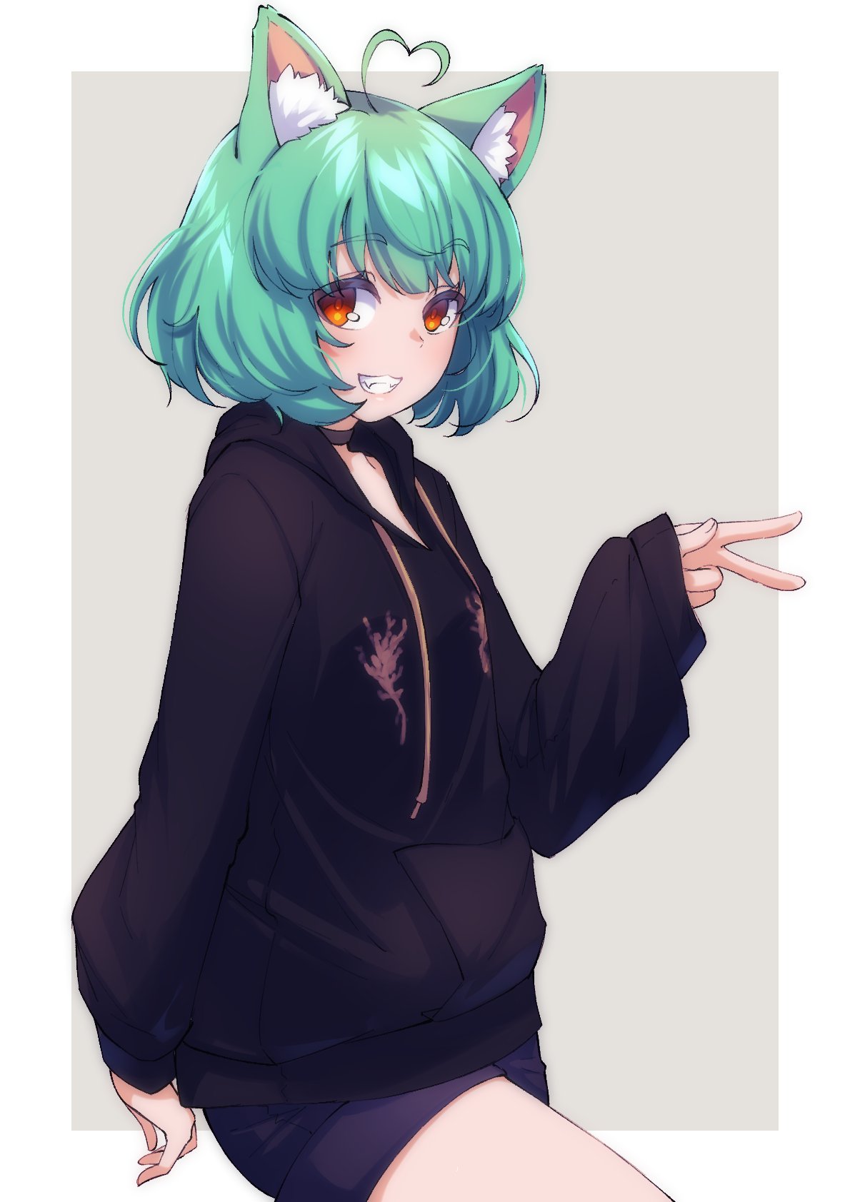 1girl, ahoge, animal_ears, bangs, black_choker, black_hoodie, black_shorts, blush, border, brown_eyes, cat_ears, cat_girl, choker, english_commentary, eyebrows_visible_through_hair, girl_dm, green_hair, grey_background, heart_hair, highres, hood, hoodie, indie_virtual_youtuber, looking_at_viewer, open_hand, outside_border, short_hair, shorts, smile, solo, v, valefal_coneri, virtual_youtuber, white_border