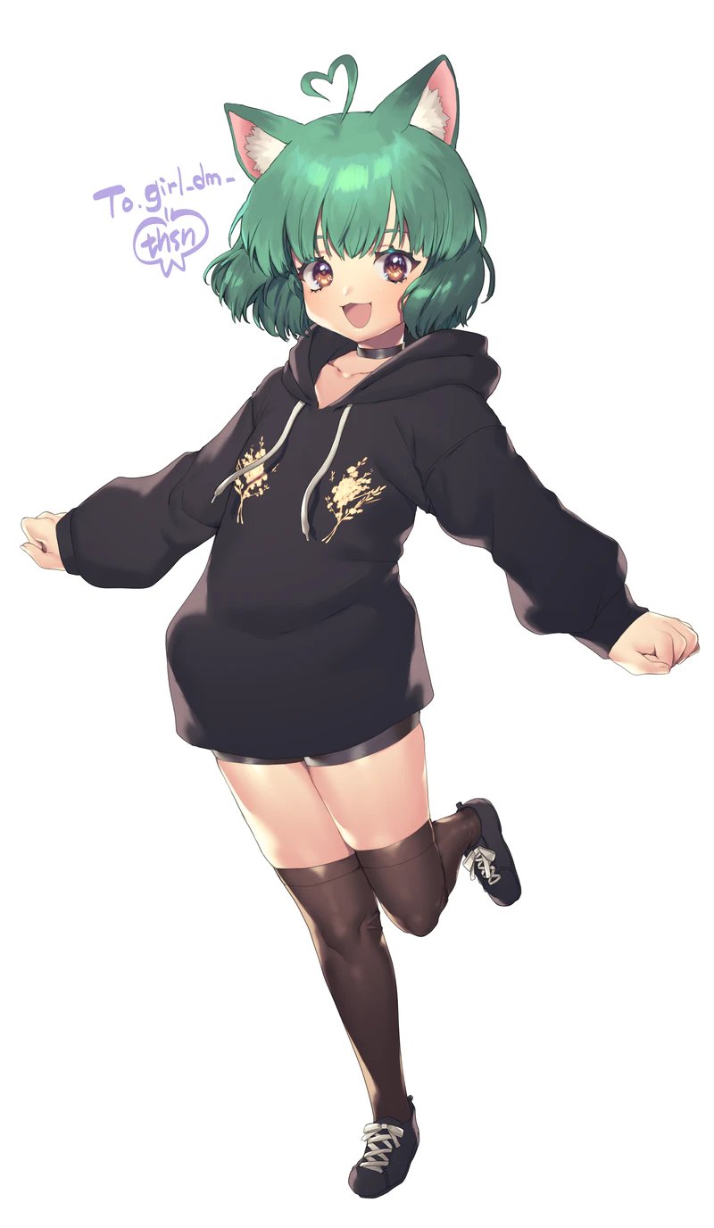 1girl, ahoge, animal_ear_fluff, animal_ears, black_choker, black_footwear, black_hoodie, brown_eyes