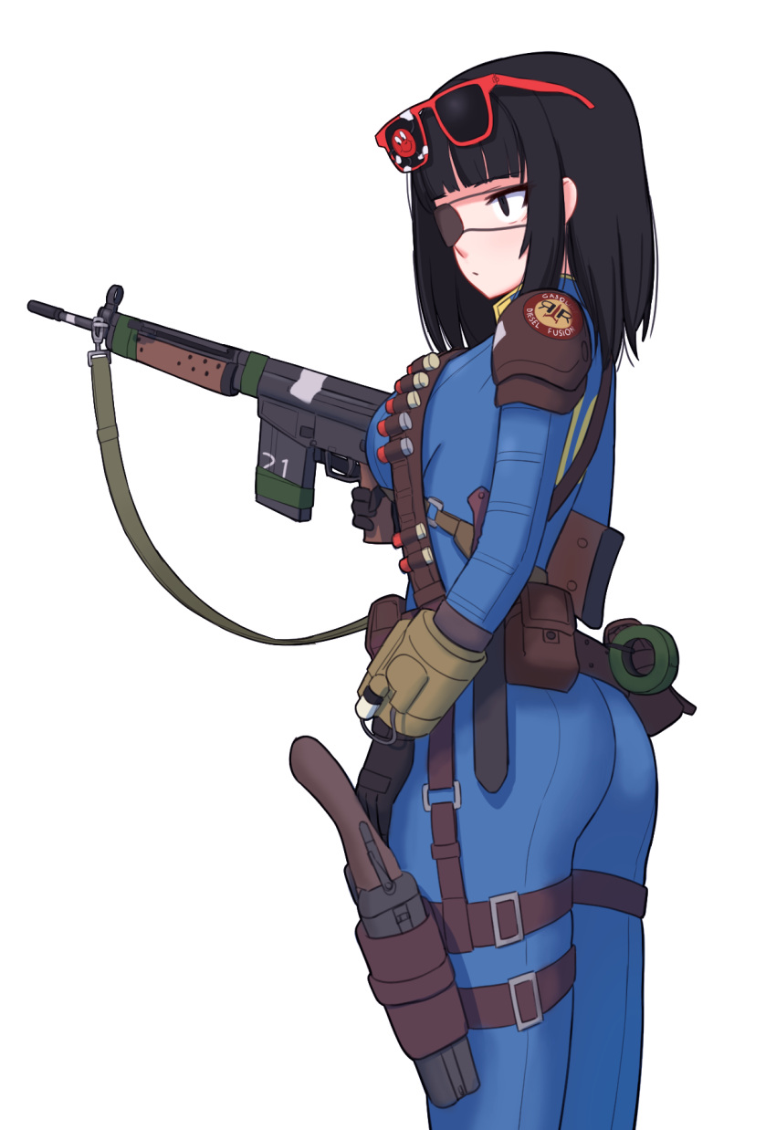 1girl, armor, ass, assault_rifle, bangs, belt, black_eyes, black_gloves