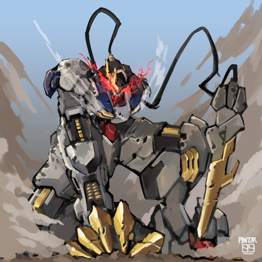 absurdres, claws, damaged, english_commentary, glowing, glowing_eyes, gundam, gundam_barbatos