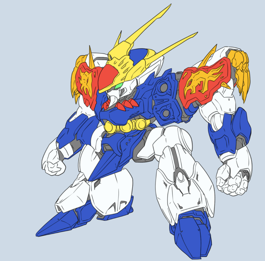 clenched_hands, from_side, full_body, green_eyes, grey_background, looking_ahead, mashin_eiyuuden_wataru, mecha