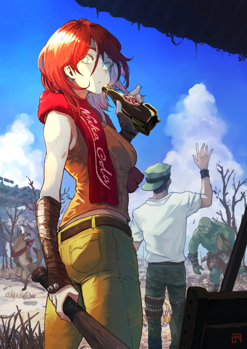 1girl, 2boys, absurdres, animal, arm_up, arm_warmers, bald, bangs