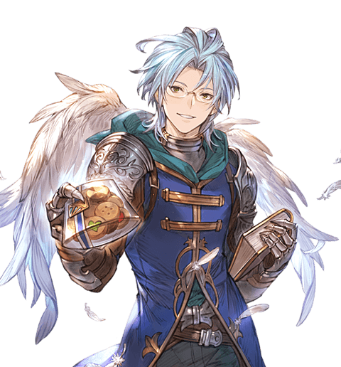 1boy, altair_(granblue_fantasy), belt, blue_hair, blue_shirt, cookie, feathers, food