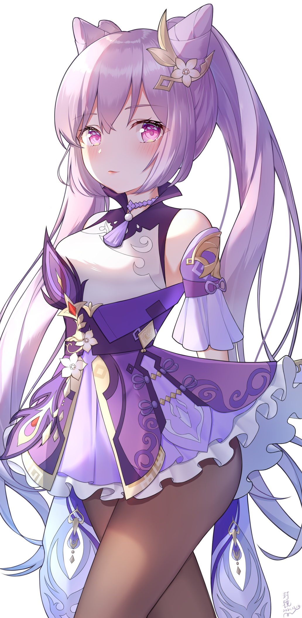 1girl, arm_behind_back, black_legwear, blush, breasts, cowboy_shot, dress, flower