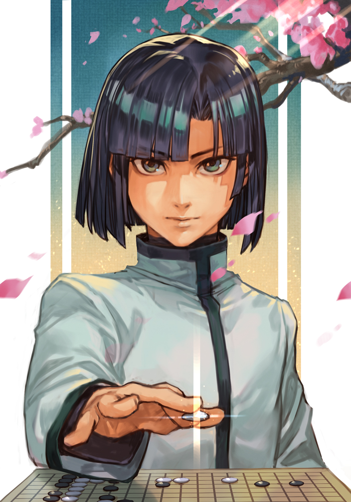 1boy, bangs, black_hair, board_game, cherry_blossoms, eyebrows_visible_through_hair, glint, go
