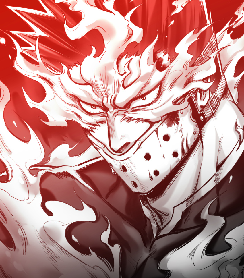 1boy, absurdres, angry, blood, bodysuit, boku_no_hero_academia, face, fire, frown, greyscale, helen_roro, highres, male_focus, mask, mature_male, monochrome, mouth_mask, muscular, muscular_male, portrait, red_theme, short_hair, sideburns, solo, spiky_hair, todoroki_enji