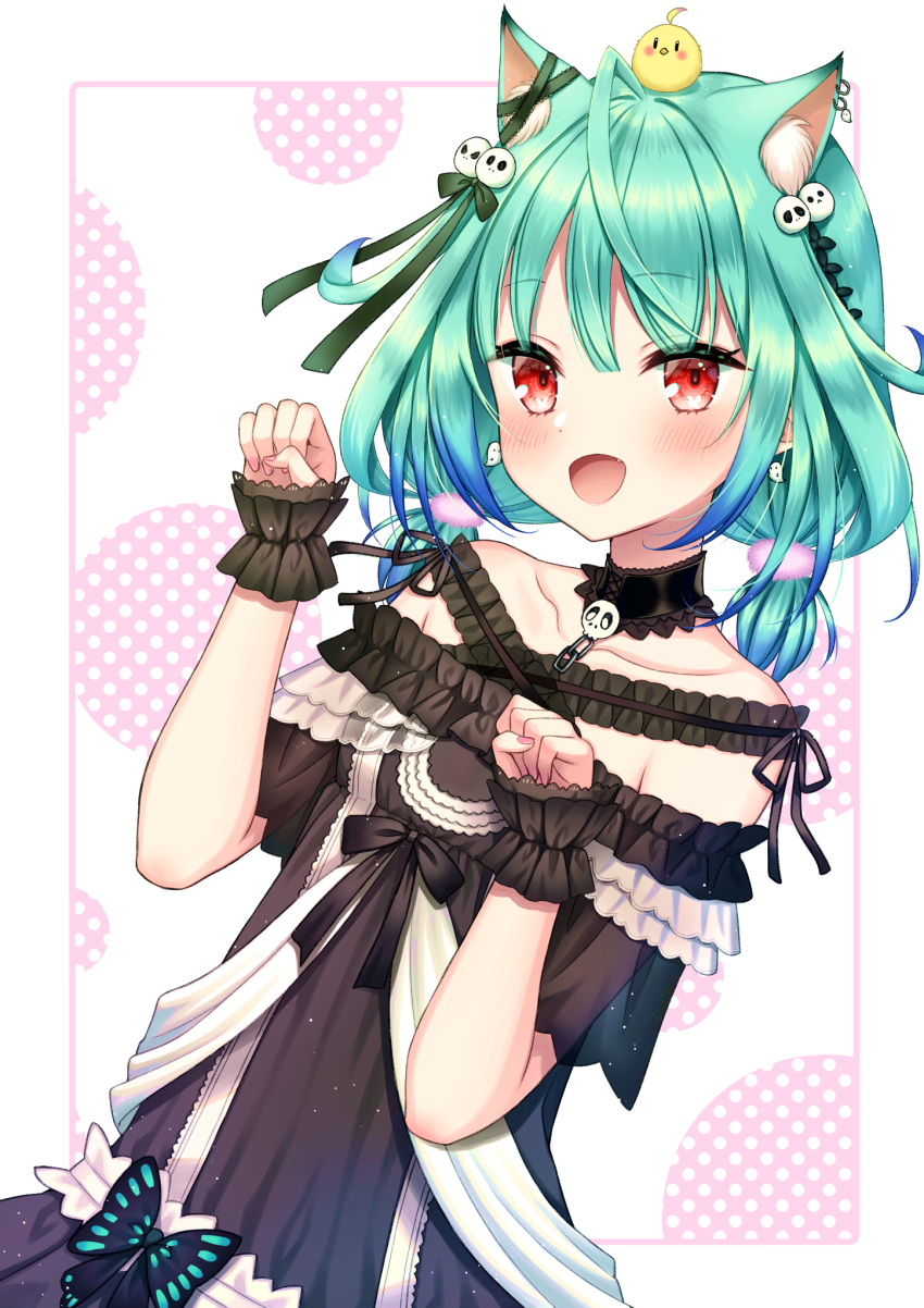 1girl, :d, ahoge, animal_ears, bangs, bare_shoulders, bird, black_choker
