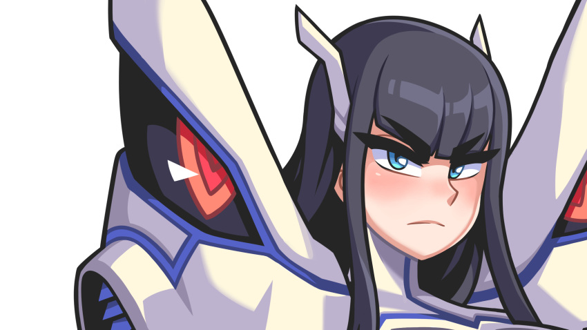 1girl, black_hair, black_sclera, blue_eyes, colored_sclera, frown, headshot, highres, junketsu, kamui_(kill_la_kill), kill_la_kill, kiryuuin_satsuki, long_hair, orange_eyes, red_eyes, sagas293, serious, sidelocks, stern, thick_eyebrows, white_background, work_in_progress