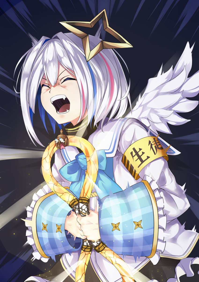1girl, absurdres, amane_kanata, angel_wings, armband, bare_shoulders, blue_eyes, blue_hair, closed_eyes, colored_inner_hair, fangs, halo, highres, hololive, ikyuu_nori, long_sleeves, multicolored_hair, open_mouth, pink_hair, ring_(ring_fit_adventure), ring_fit_adventure, sailor_collar, school_uniform, shirt, short_hair, silver_hair, sleeve_cuffs, solo, streaked_hair, tagme, upper_body, virtual_youtuber, white_shirt, white_wings, wings