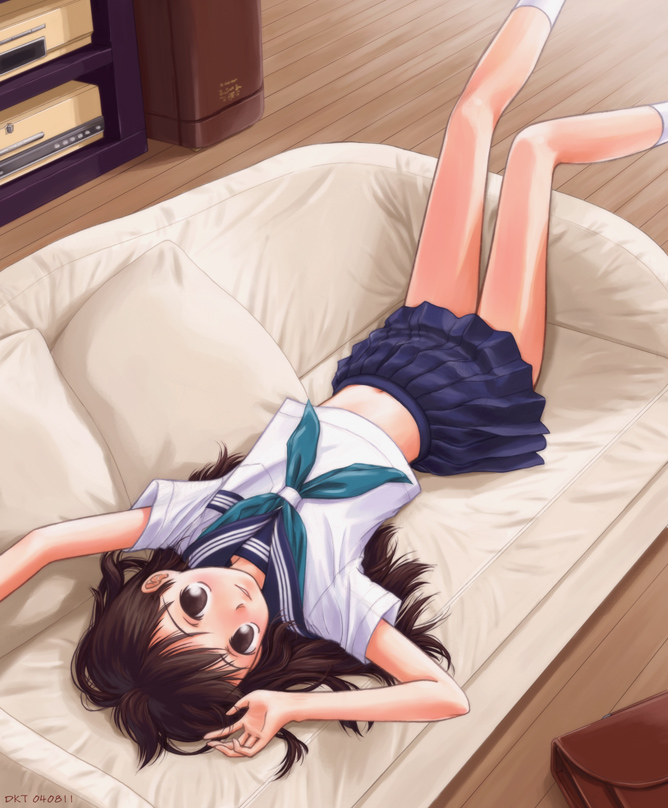 blush, brown_hair, couch, dk_taka, dktaka, flat_chest, kneehighs, loli, long_hair, midriff, school_uniform, seifuku, serafuku, skirt, socks, uniform