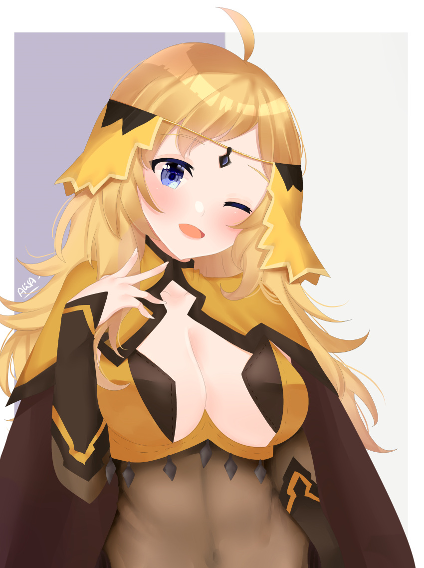 absurdres, ahoge, bangs, blonde_hair, blue_eyes, blush, breasts, circlet, commission, commissioner_upload, eyebrows_visible_through_hair, fire_emblem, fire_emblem_fates, highres, large_breasts, long_hair, navel, one_eye_closed, open_mouth, ophelia_(fire_emblem), upper_body, xxalisa