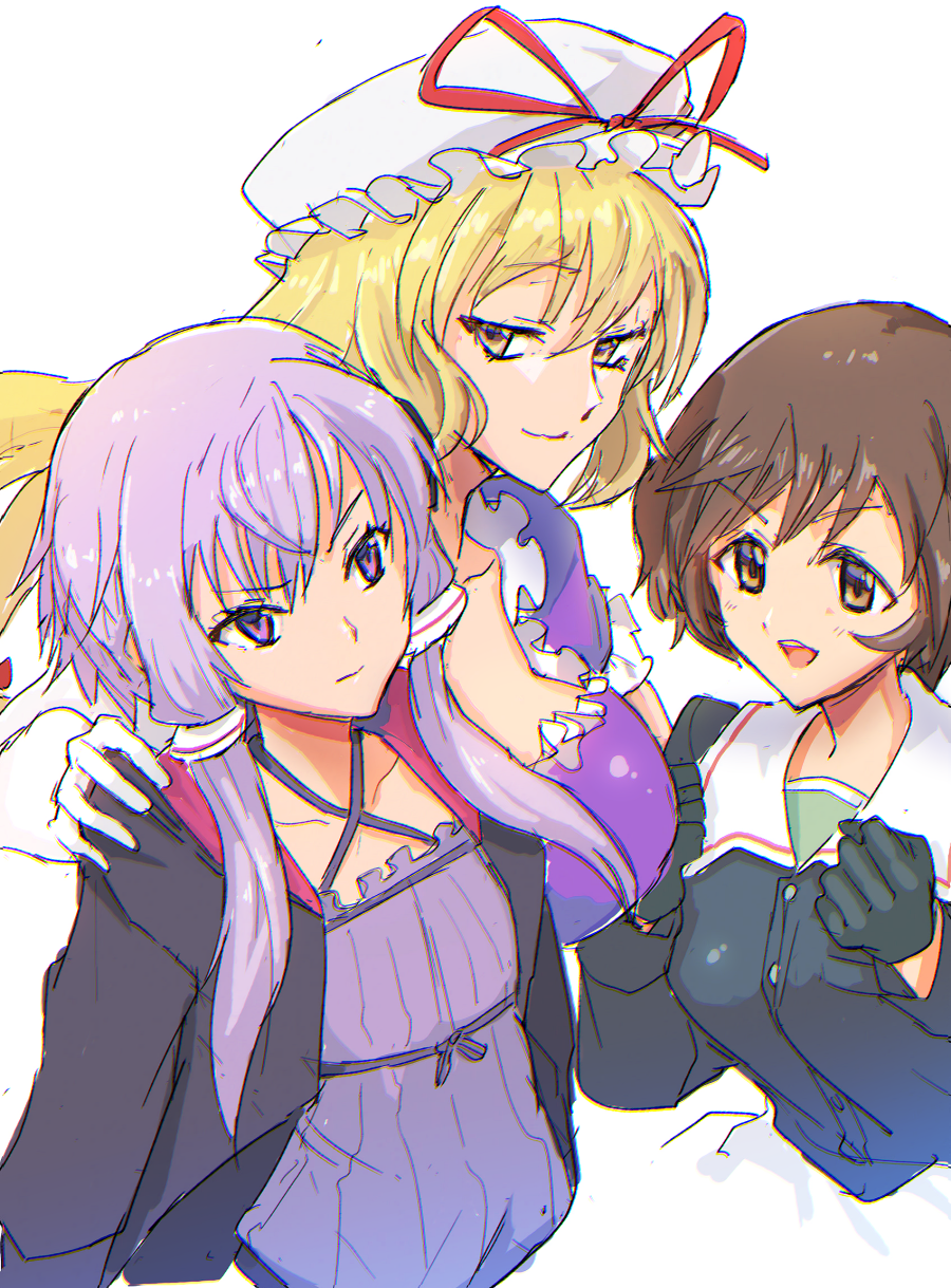 3girls, akiyama_yukari, black_gloves, black_shirt, blonde_hair, breasts, brown_eyes, brown_hair, clenched_hands, collar, collarbone, collared_shirt, criss-cross_halter, crossover, dress, frilled_dress, frilled_hat, frills, girls_und_panzer, gloves, hair_tubes, halterneck, hat, hat_ribbon, head_tilt, highres, jacket, large_breasts, long_hair, looking_at_another, madsensei, mob_cap, multiple_girls, namesake, open_mouth, purple_dress, purple_hair, purple_jacket, raised_eyebrow, red_ribbon, ribbon, shirt, short_hair, short_hair_with_long_locks, smile, touhou, upper_body, v-shaped_eyebrows, violet_eyes, vocaloid, voiceroid, white_collar, white_gloves, white_headwear, yakumo_yukari, yellow_eyes, yuzuki_yukari