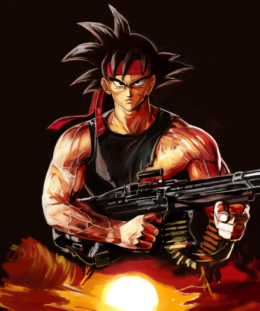 1boy, bardock, black_eyes, black_hair, black_shirt, brown_background, closed_mouth, dragon_ball