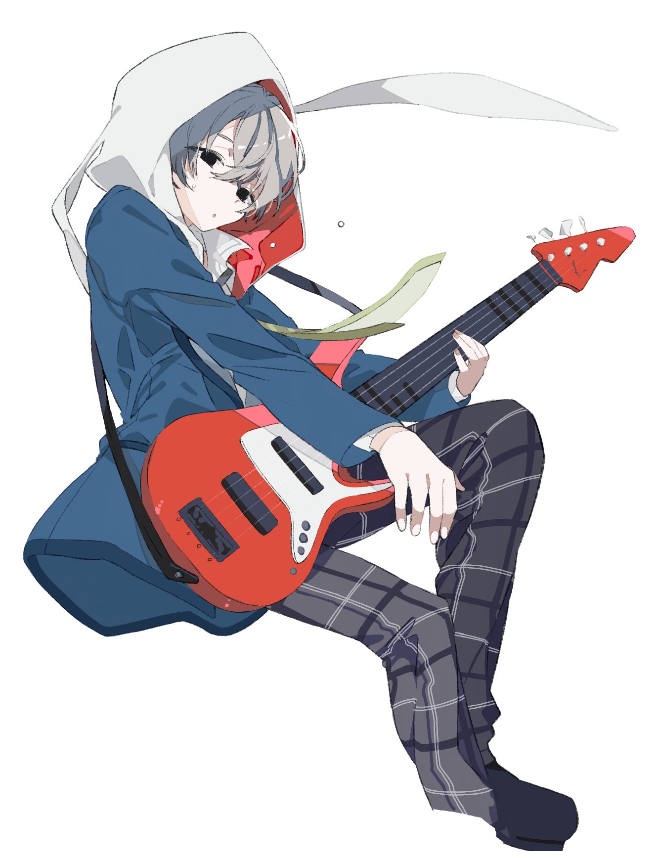 1boy, black_eyes, black_footwear, blue_jacket, electric_guitar, grey_hair, guitar, hair_between_eyes