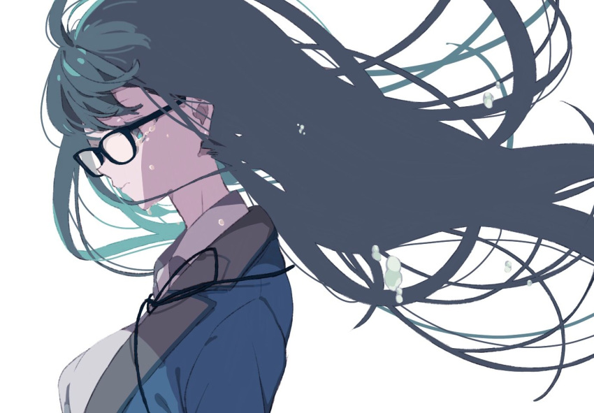 aoshima_reiko, black-framed_eyewear, black_hair, black_ribbon, blue_jacket, breasts, crying, floating_hair