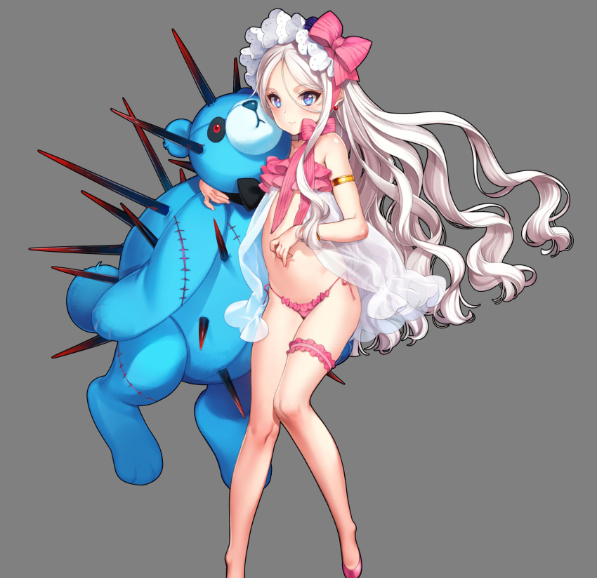 1girl, armlet, bangs, bikini, blue_eyes, blush, bonnet, bow